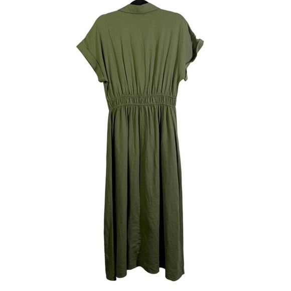 ZARA Dress Midi Shirt Wooden Button Down Olive Green Johnny Collar Elastic Waist - Picture 5 of 10